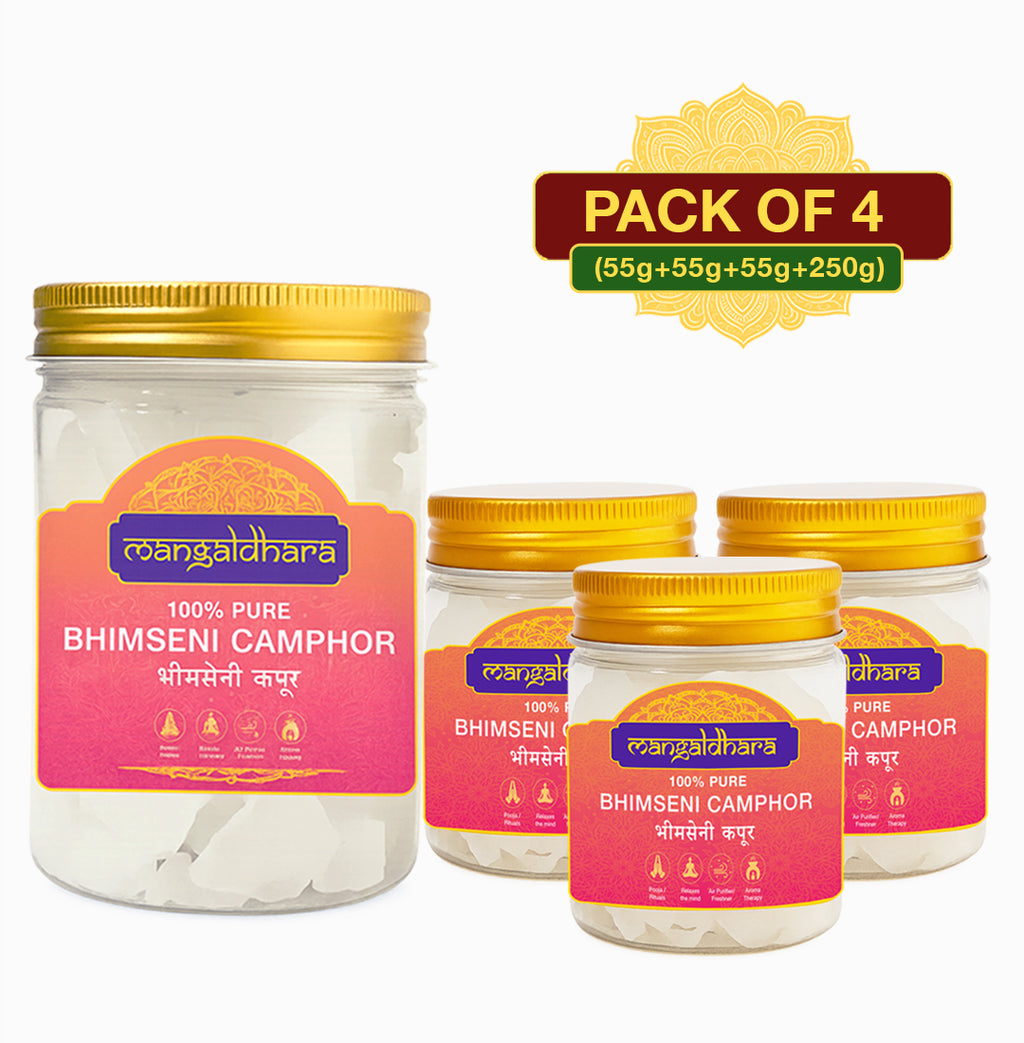 Mangaldhara Bhimseni Camphor – Pack of 4 (1x250g + 3x55g) | 100% Pure & Natural Camphor | Pooja, Aarti, Diffuser & Air Purification