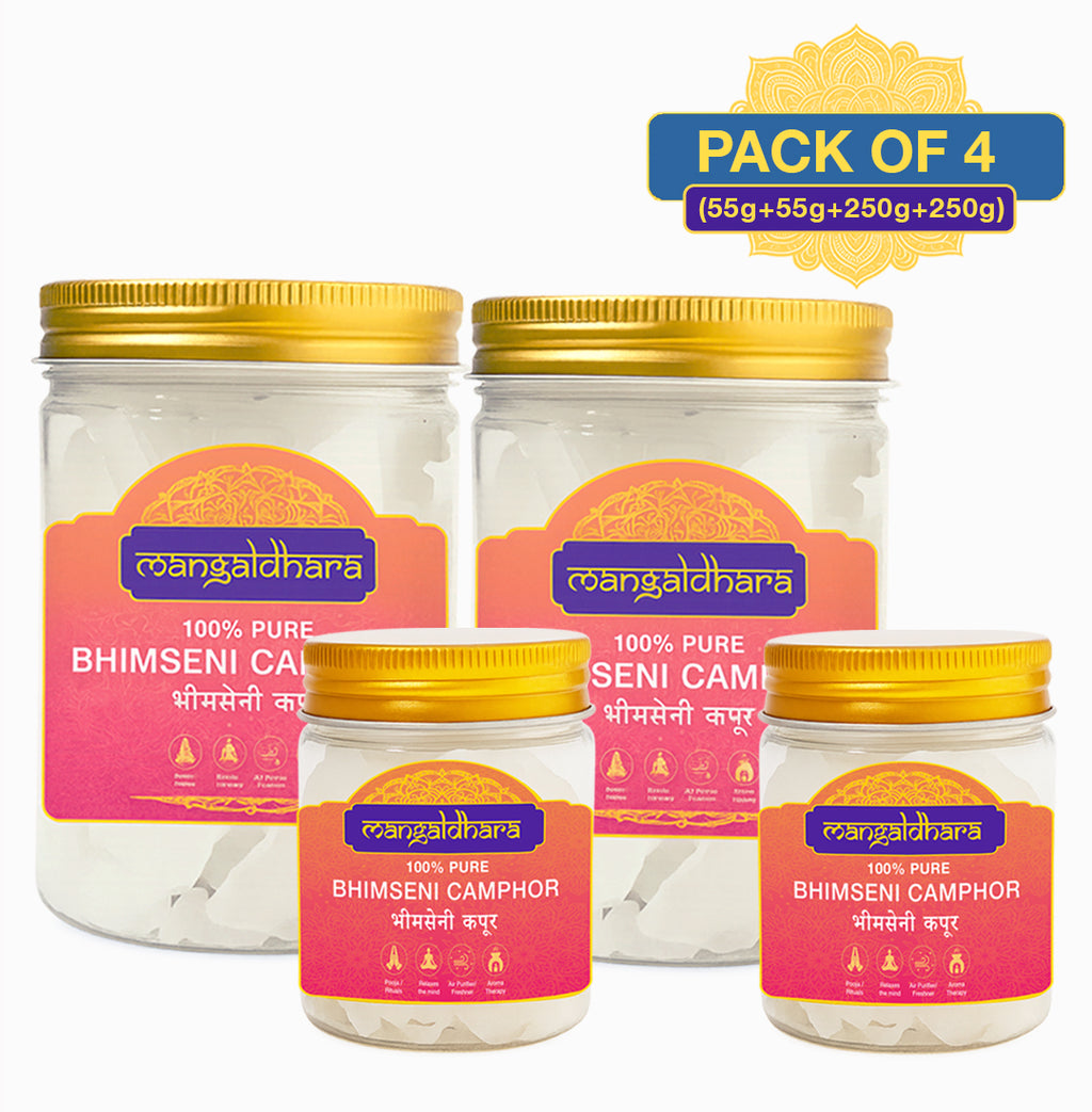 Mangaldhara Bhimseni Camphor – Pack of 4 (2x250g + 2x55g) | 100% Pure & Natural Camphor | Pooja, Aarti, Diffuser & Air Purification