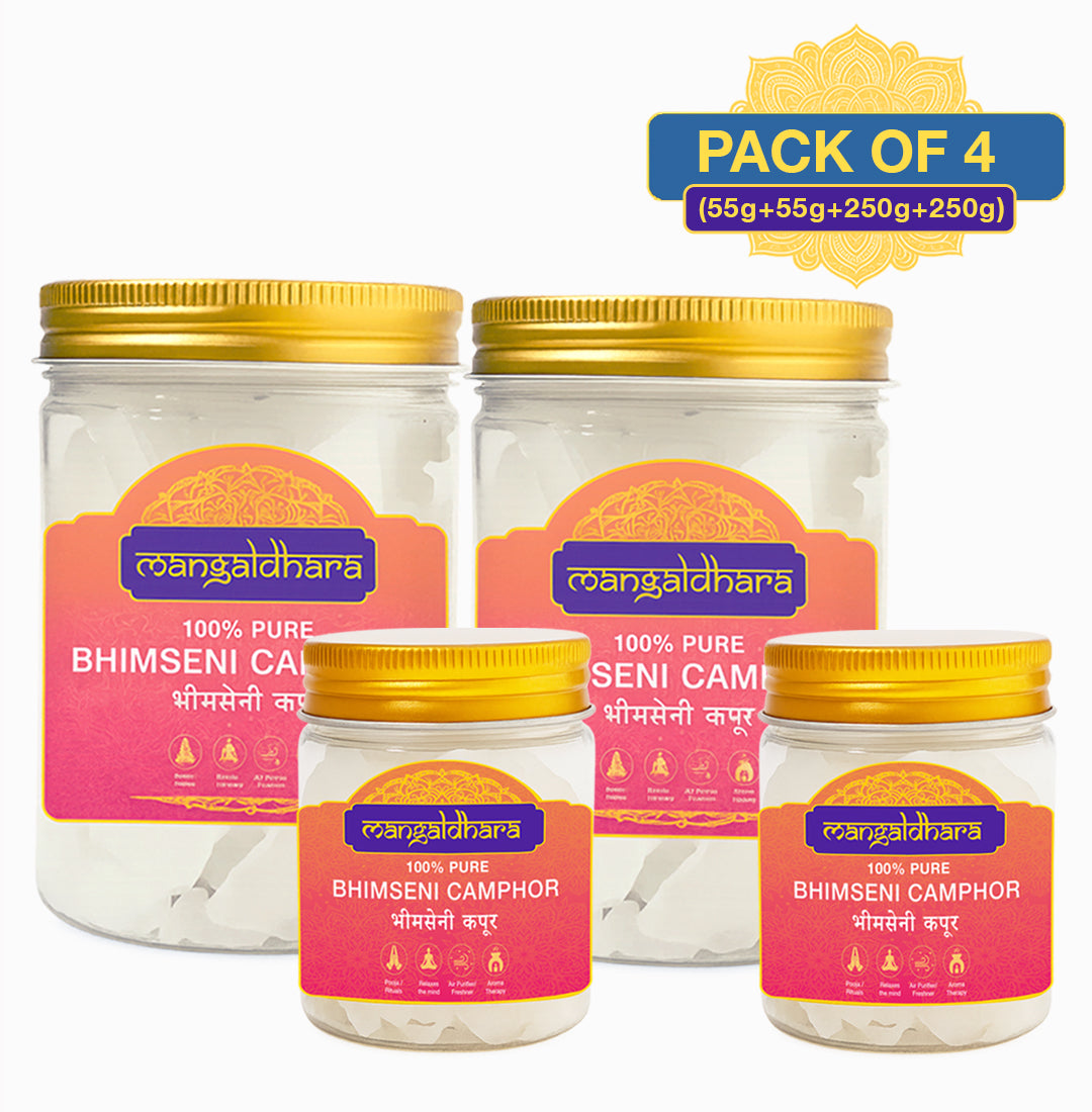 Mangaldhara Bhimseni Camphor – Pack of 4 (2x250g + 2x55g) | 100% Pure & Natural Camphor | Pooja, Aarti, Diffuser & Air Purification
