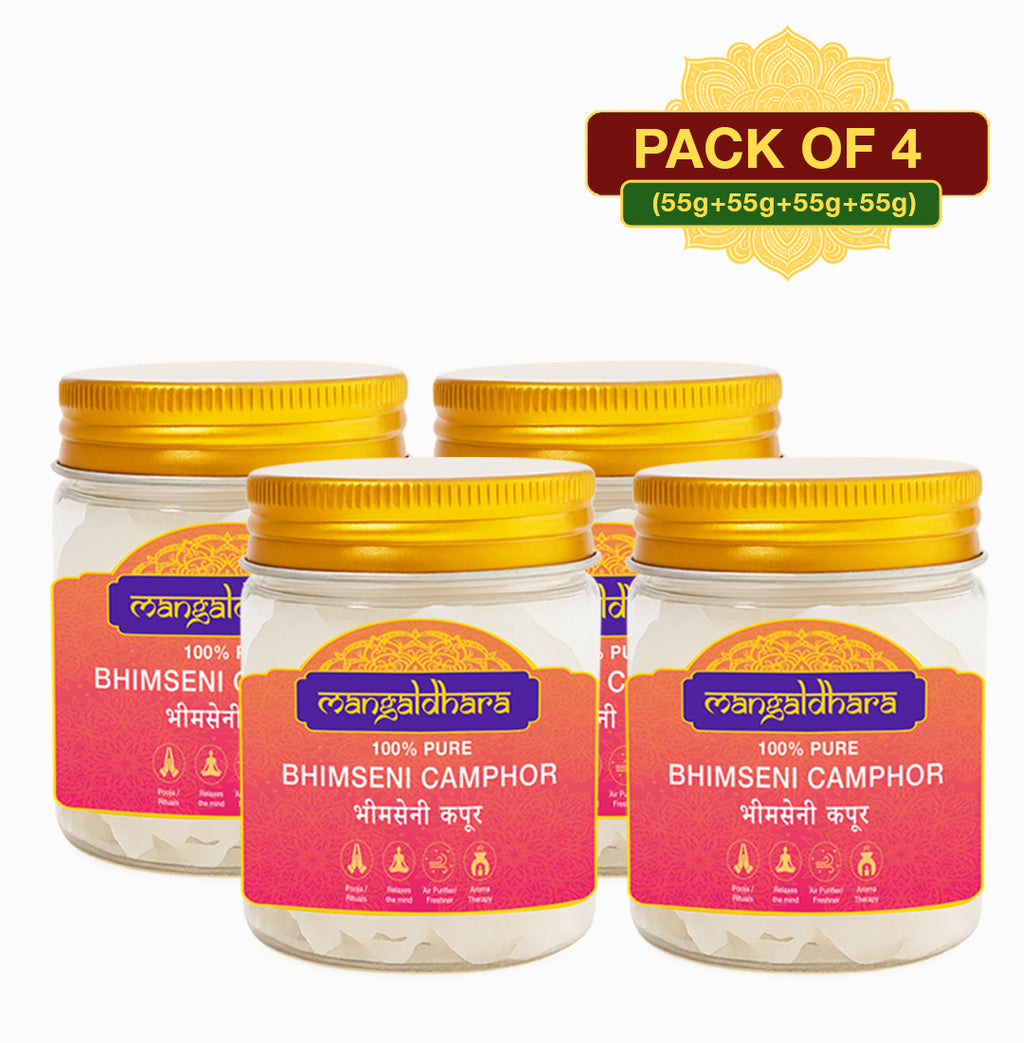 Mangaldhara Bhimseni Camphor – Pack of 4 (4×55g) | 100% Pure & Natural Camphor | Pooja, Aarti, Diffuser & Air Purification
